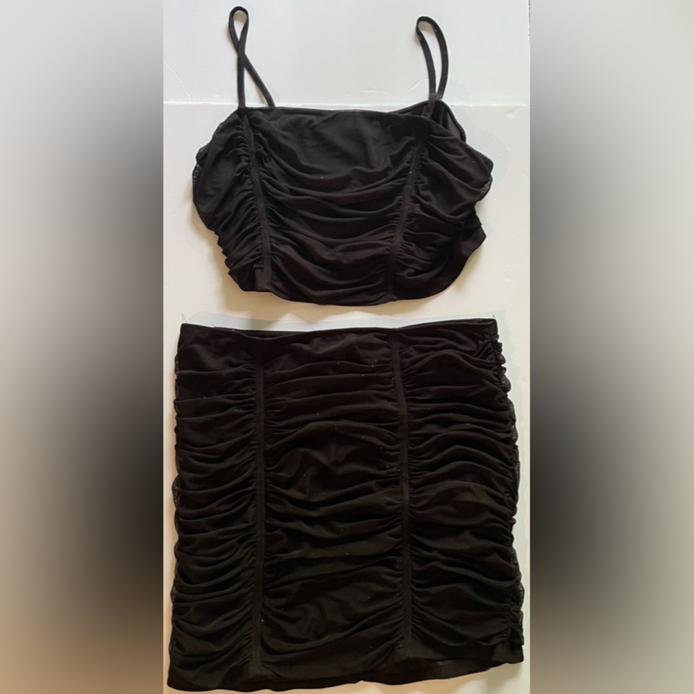 Sparkly Black Ruched Strapless Top and Skirt Set